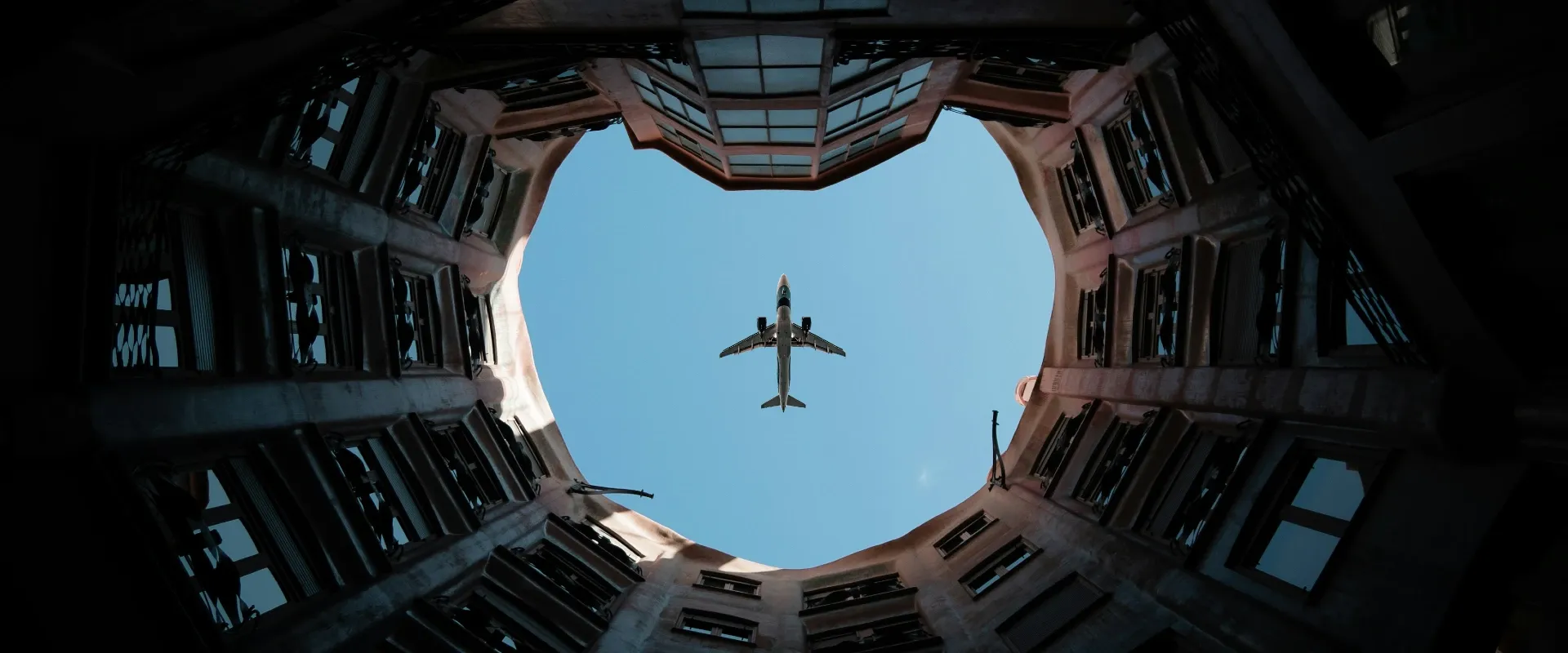 View of plane as it flies overhead